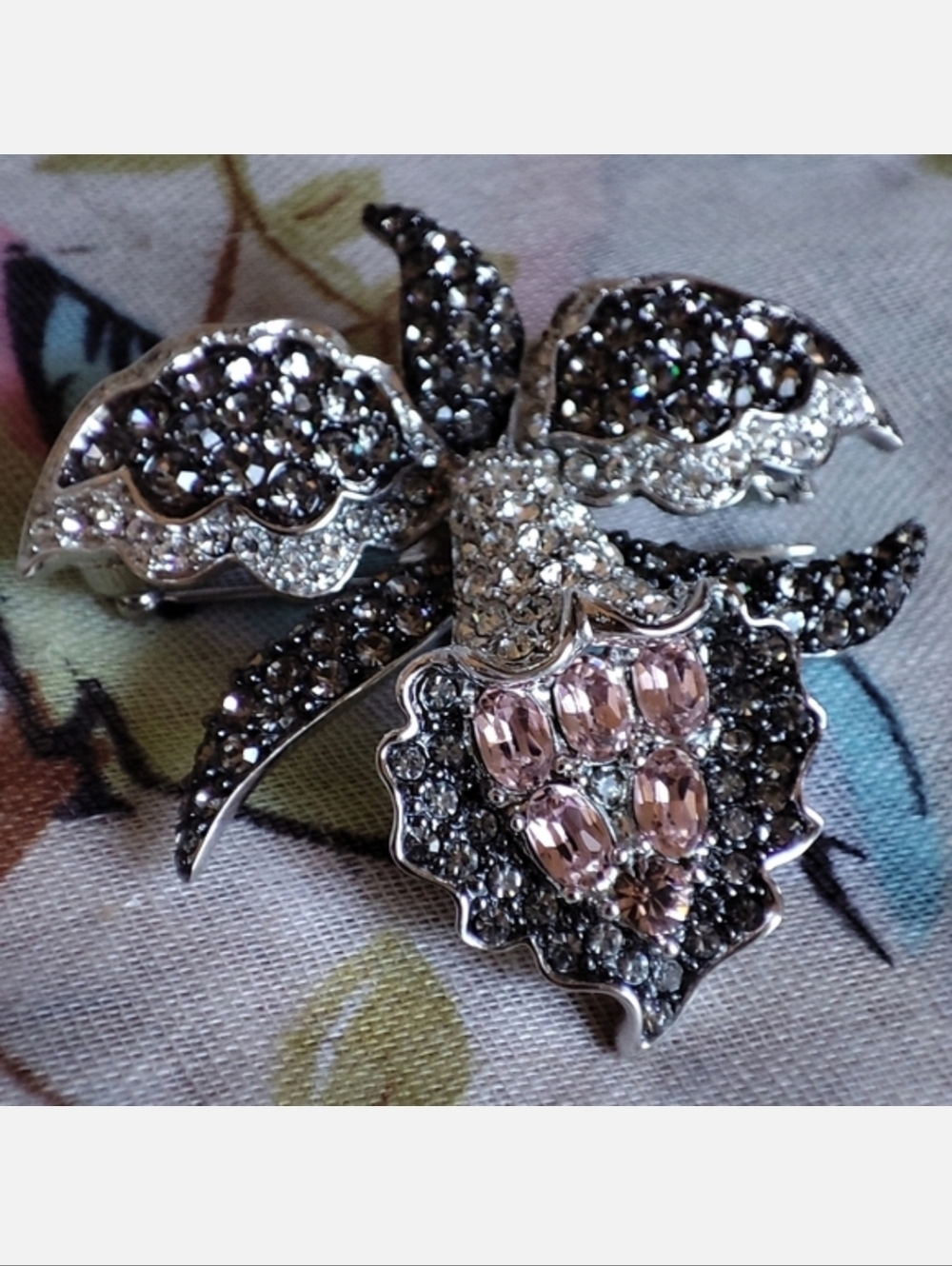 Nolan Miller Crystal Rhinestone Orchid Flower Brooch Vintage Smoke Pink Stones